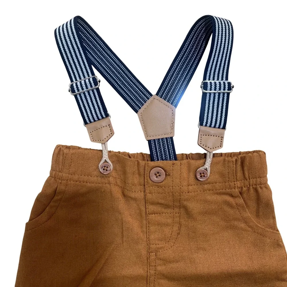 Disney Baby Winnie The Pooh Brown Linen Blend Shorts & Suspenders Size 0-3M